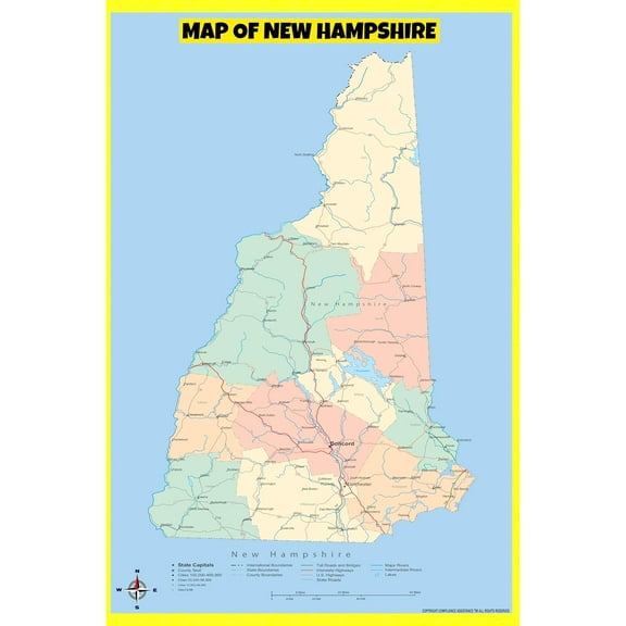 New Hampshire Map Poster - Laminated Wall Map - Style A - 18x24 - Ideal for Classrooms and Homes – Features Bright Colors and Vivid Imagery