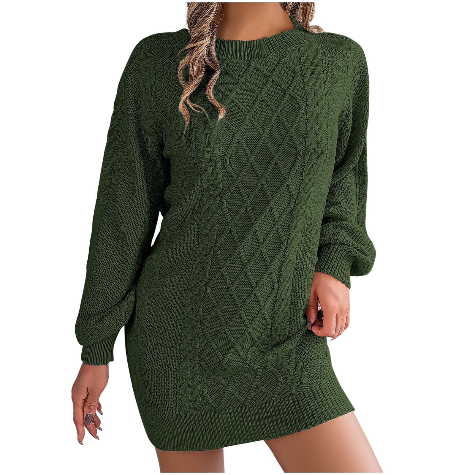 FASESH Women's Round Neck Sweater Dress Solid Color Cable Knit Long Sleeve Pullover Short Fall Dresses Green M, Size: Medium