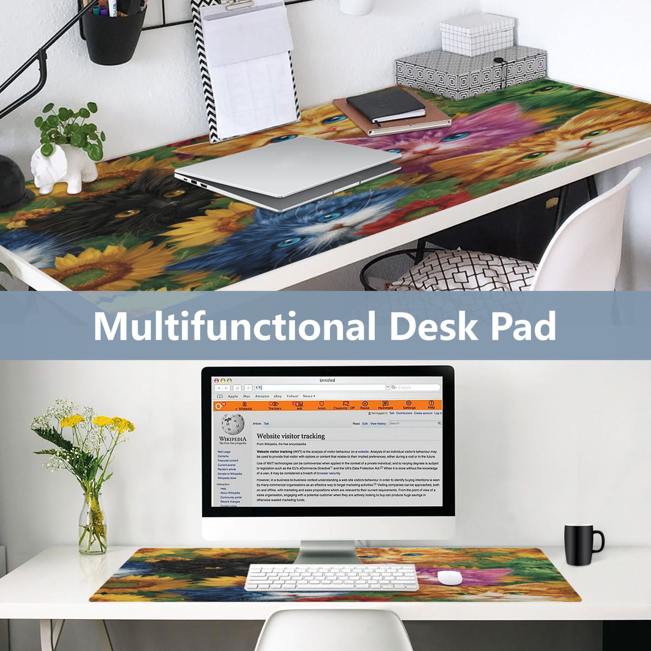 Leather Keyboard and Mouse Desk Mat Office Desk Accessories Protective Office Desk Decor Desk Pad Mat for Gaming, Work from Home, Office Colorful Cat and Sunflowers 16.5" x 35.4"
