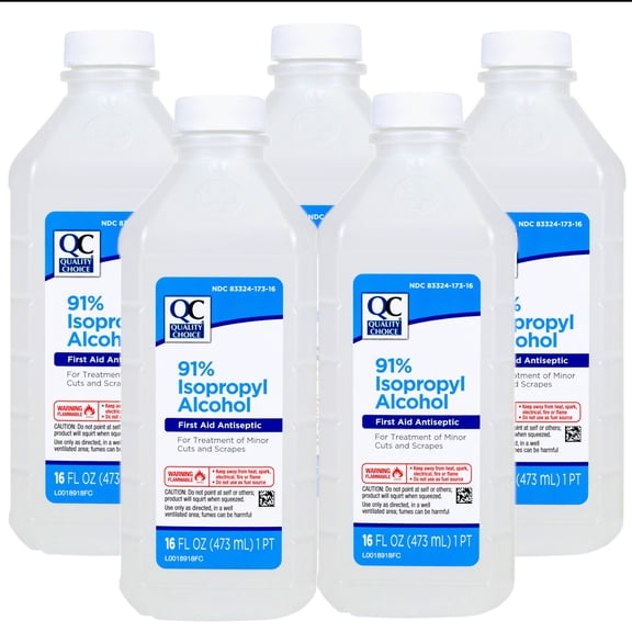 Quality Choice 91% Isopropyl Alcohol First Aid Antiseptic for Treatment of Minor Cuts and Scrapes, 16 FL OZ - 5 Pack