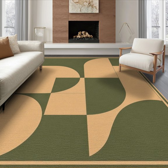 ODIKA 8'x10' Washable Area Rug Olive Beige Geometric Artistry Modern Abstract Shapes with Bold Lines for King Size Bedroom Under Bed, Master Suite, Non-Shedding, Easy Care