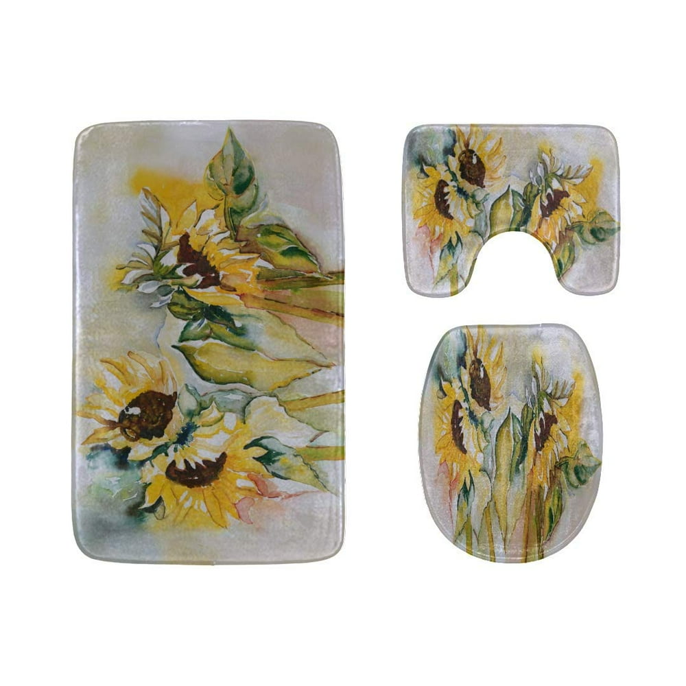 CHAPLLE Yellow and Beautiful Sunflowers Field 3 Piece Bathroom Rugs Set