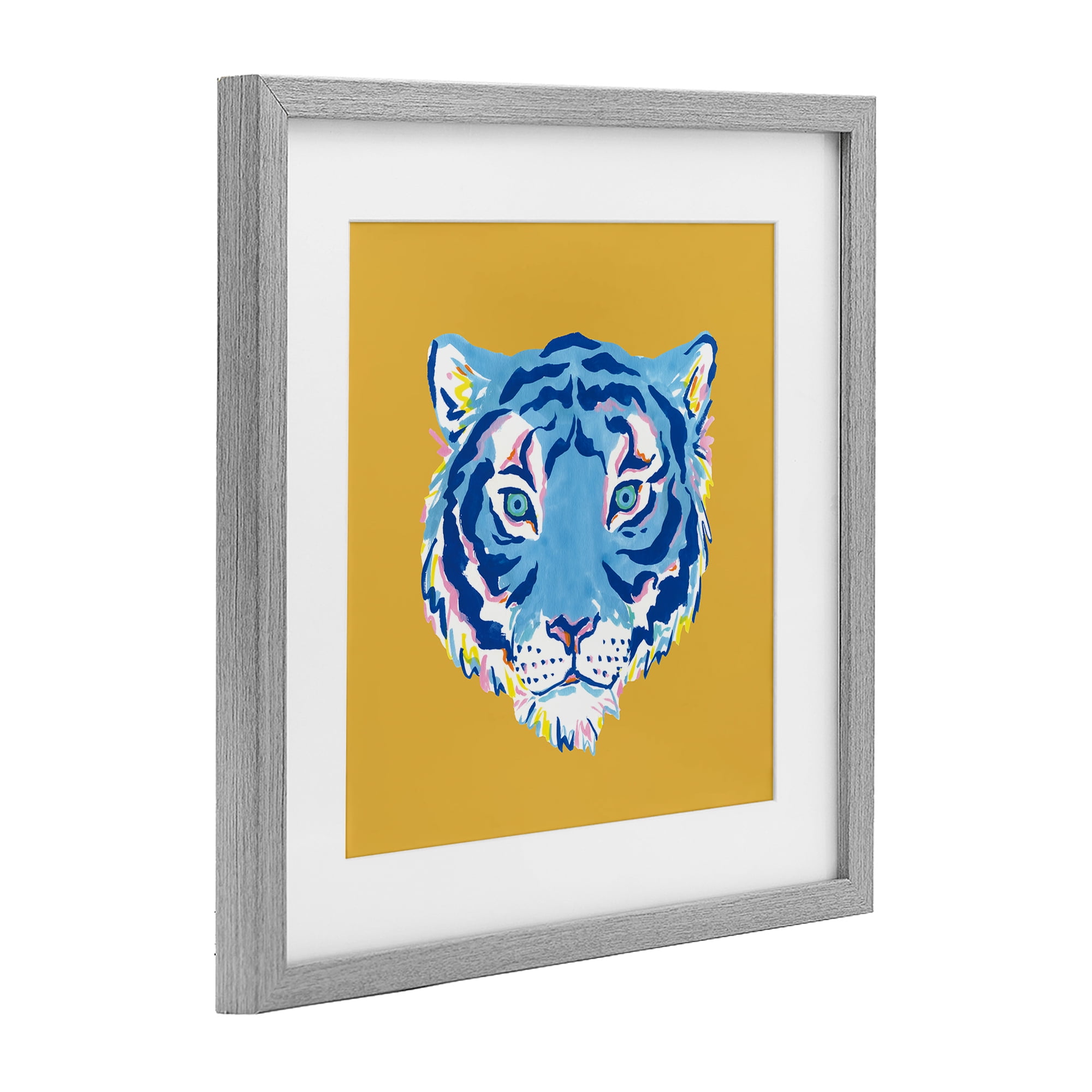Stupell Industries Blue Tiger over Yellow Gray Framed Print Under Glass, design by Karolina Sato