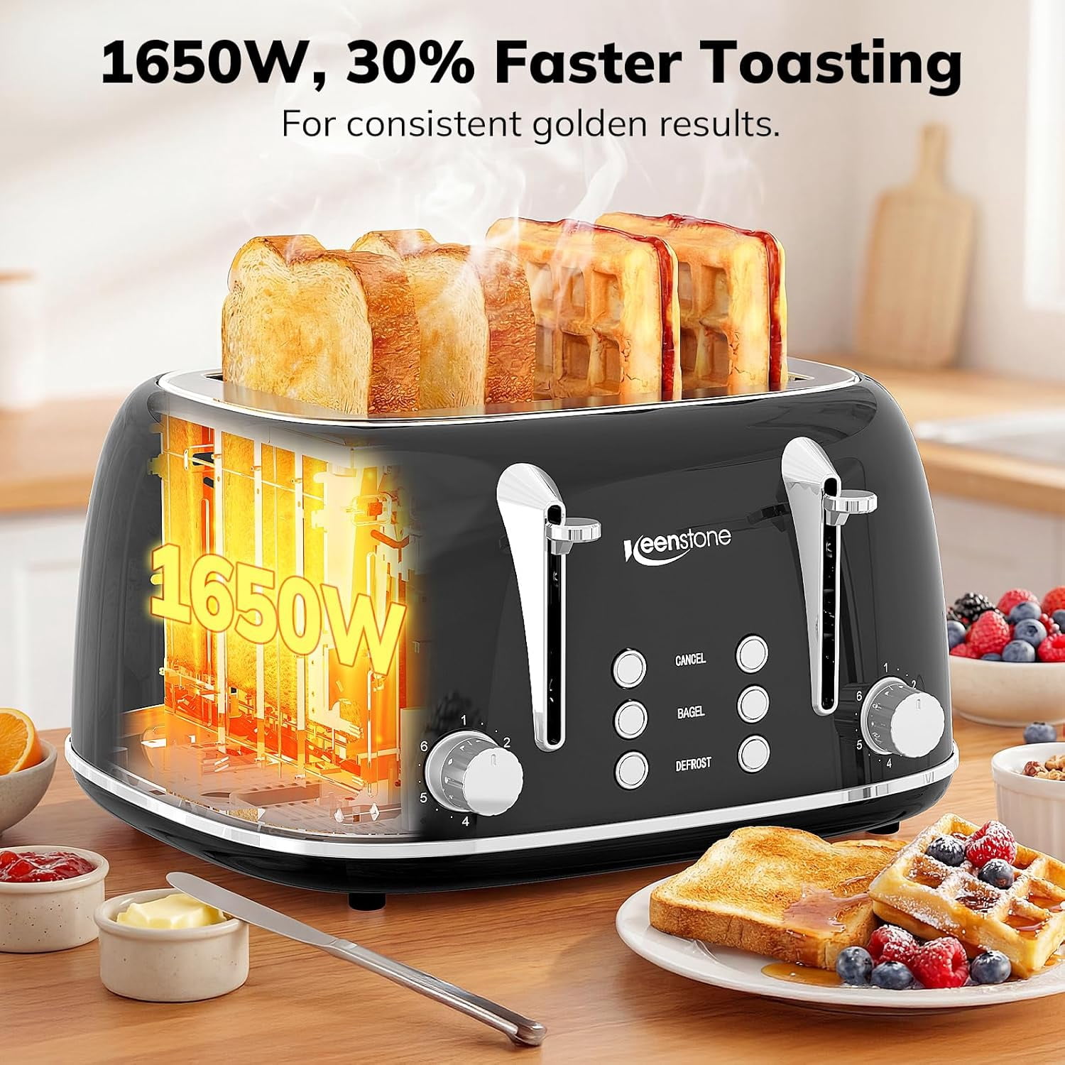 2 Slice Stainless Steel Toaster Retro with 6 Bread Shade Settings, Bagel, Cancel, Defrost Function, Extra Wide Slot, Removable Crumb Tray Green