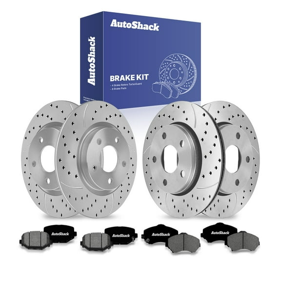 AutoShack Front Vented & Rear Solid Drilled & Slotted Coated Brake Rotors Silver Matte Finish   Premium Ceramic Pads 12-PC Brake Kit Replacement for 2012-2016 Dodge Grand Caravan TurboGuard