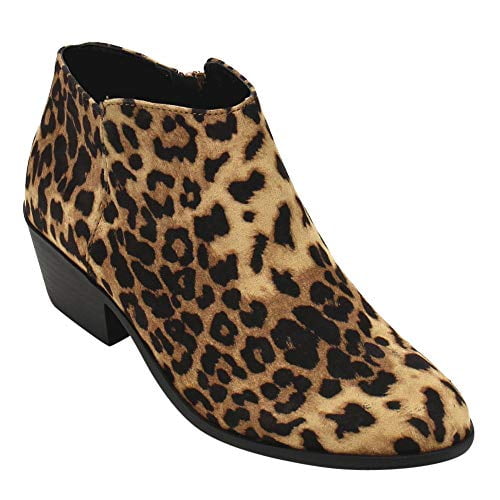 Soda Mug Cheetah Cowgirl Low Heel Closed Rounded Toe Casual Ankle Bootie (Cheetah, 6.5)
