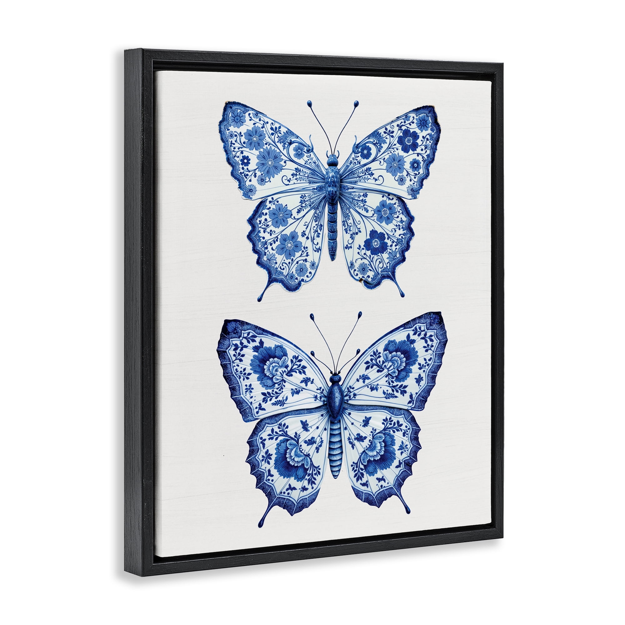 Ornate Toile Pattern Butterflies Black Framed Floater Canvas Wall Art, design by Lettered and Lined