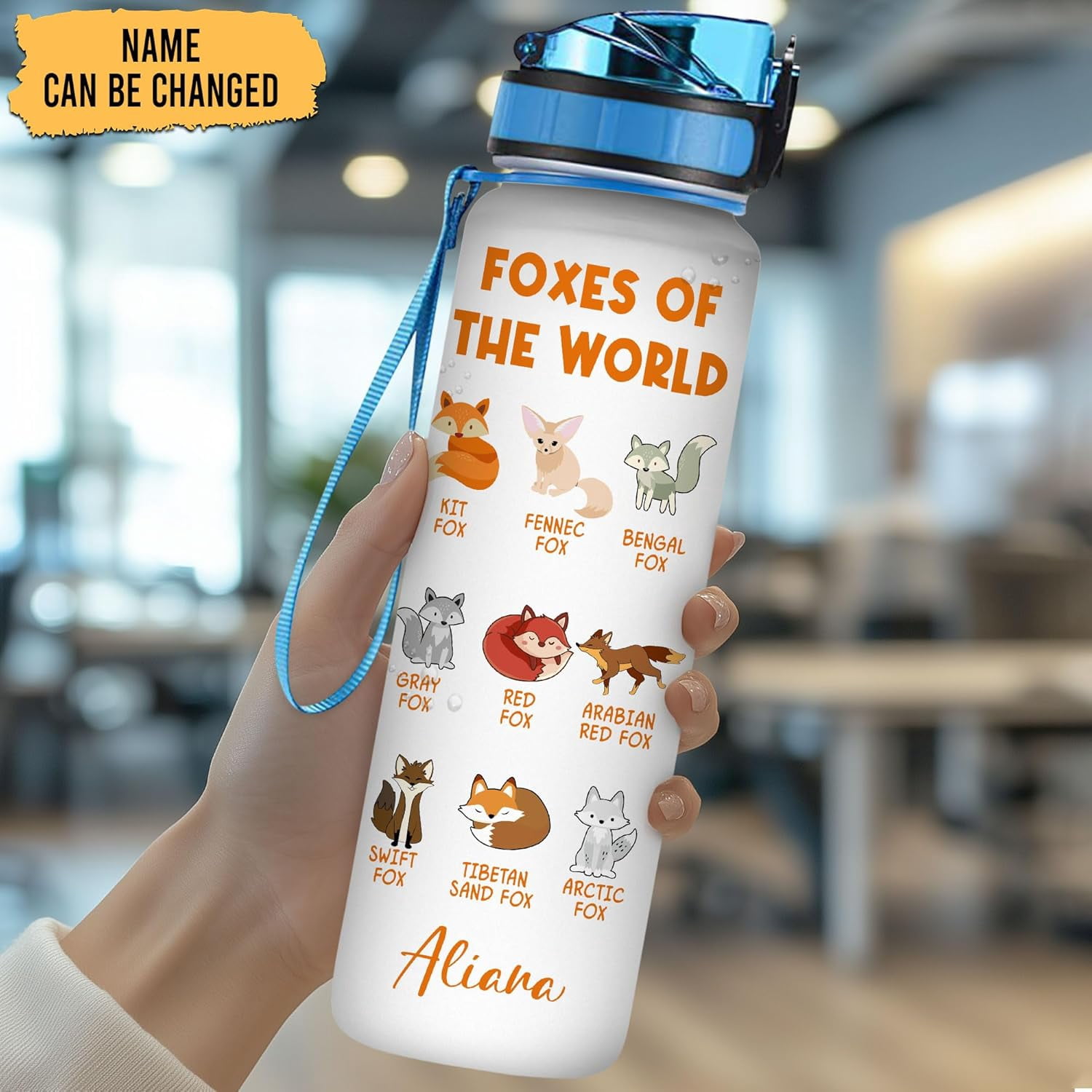 Personalized Fox Lovers 32 Oz 1Liter Motivational Water Bottle, Foxes Of The World Custom Name Water Bottle With Time Marker, Animal Lover Gifts For Women Girl On Birthday, Mother Day's