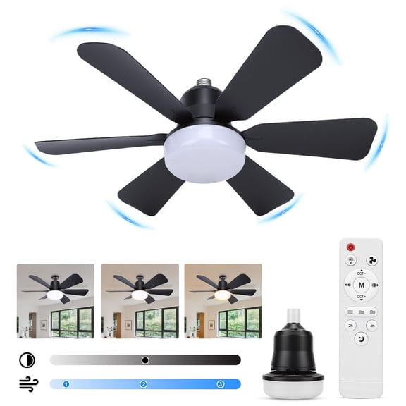 Socket Fan Light with Remote, 20.5in Small Ceiling Fan with 3-Speeds, Dimmable LED, E26/E27 Base, 6 Blades Light Socket Fan for Kitchen Bedroom