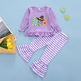 thumbnail image 2 of Okbabeha Toddler Girls 2 Piece Outfits Halloween Letter Print Long Sleeve Ruffle Shirt + Striped Flare Pants Set Cute Clothes, 2 of 8