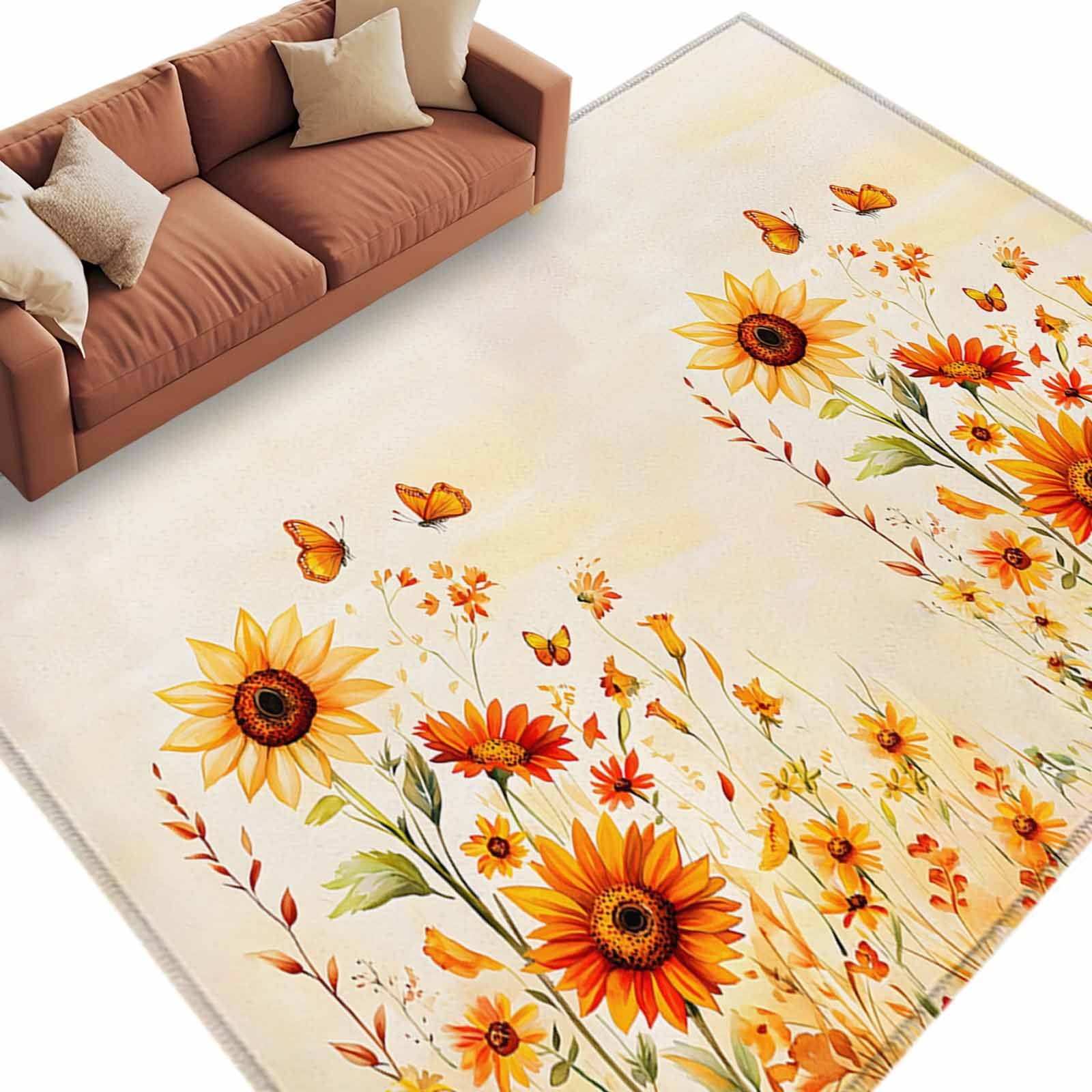 Area Rug 72&times;108in Watercolor Farm Flower Sunflower on Retro Floor Carpet Living Room Rug Spring Summer Plant Non-Slip Welcome Mat Indoor Rugs for Bedroom Dining Room