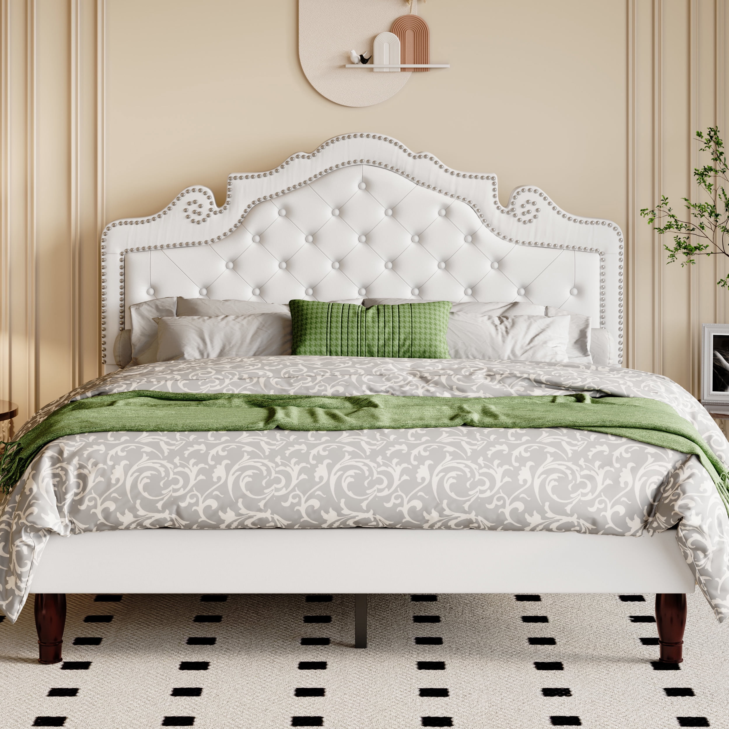 Allewie Full Bed Frame, Velvet Tiara Upholstered Diamond Button Tufted Headboard, No Box Spring Needed, White