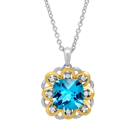 Duet 4 3/4 ct Natural Swiss Blue Topaz and 1/8 ct Diamond Pendant Necklace in Sterling Silver and 14kt Gold