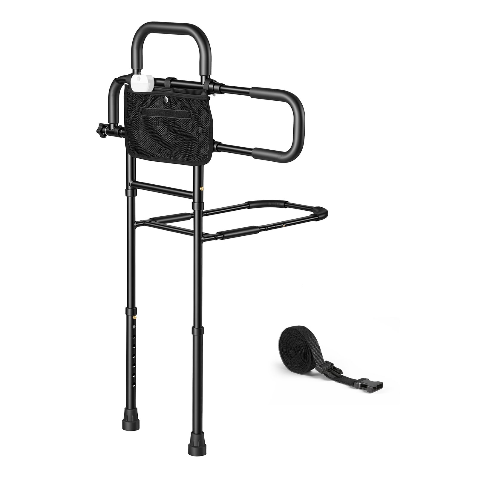 KFFKFF Folding Bed Assist Rail with Floor Support, Motion Sensor LED Light, 300LBS Dual-Handle Support, Adjustable Handle Length, Storage Pocket, Compatible with King, Queen, Full, and Twin Beds