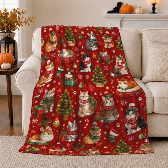 Christmas Cats Holiday Pattern Decorates, Festive Pet Portrait Pattern, Warm Flannel Blanket for Living Room and Reading Nook, Cat Lovers Christmas Gift, Pet Lover Home Decor