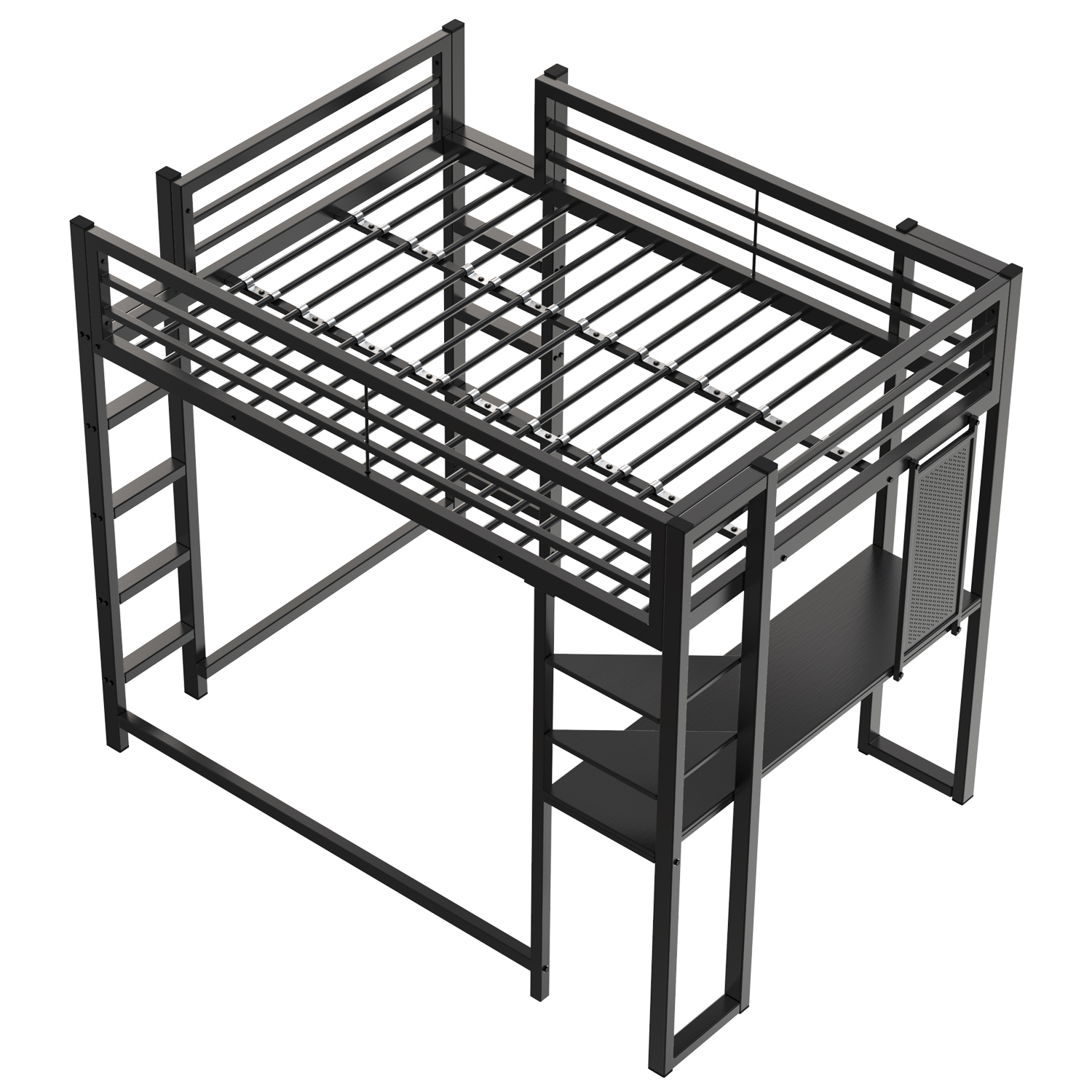 Loft Bed with Desk Full Size, Metal Loft Bed Frame with Storage Shelves and Bookshelf, Space Saving Loft Bed for Bedroom, Dorm, Home Office, Black