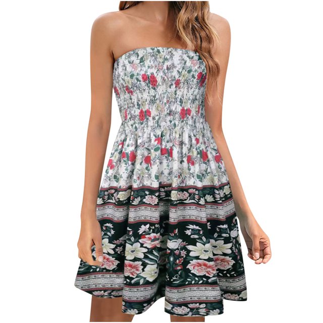 Dvkptbk Women's Summer Dresses 2024 Mode Boho Floral Robe de Plage Sans Bretelles Maxi Robe Grande Taille Tube Top Longue Jupe Robe de Plage