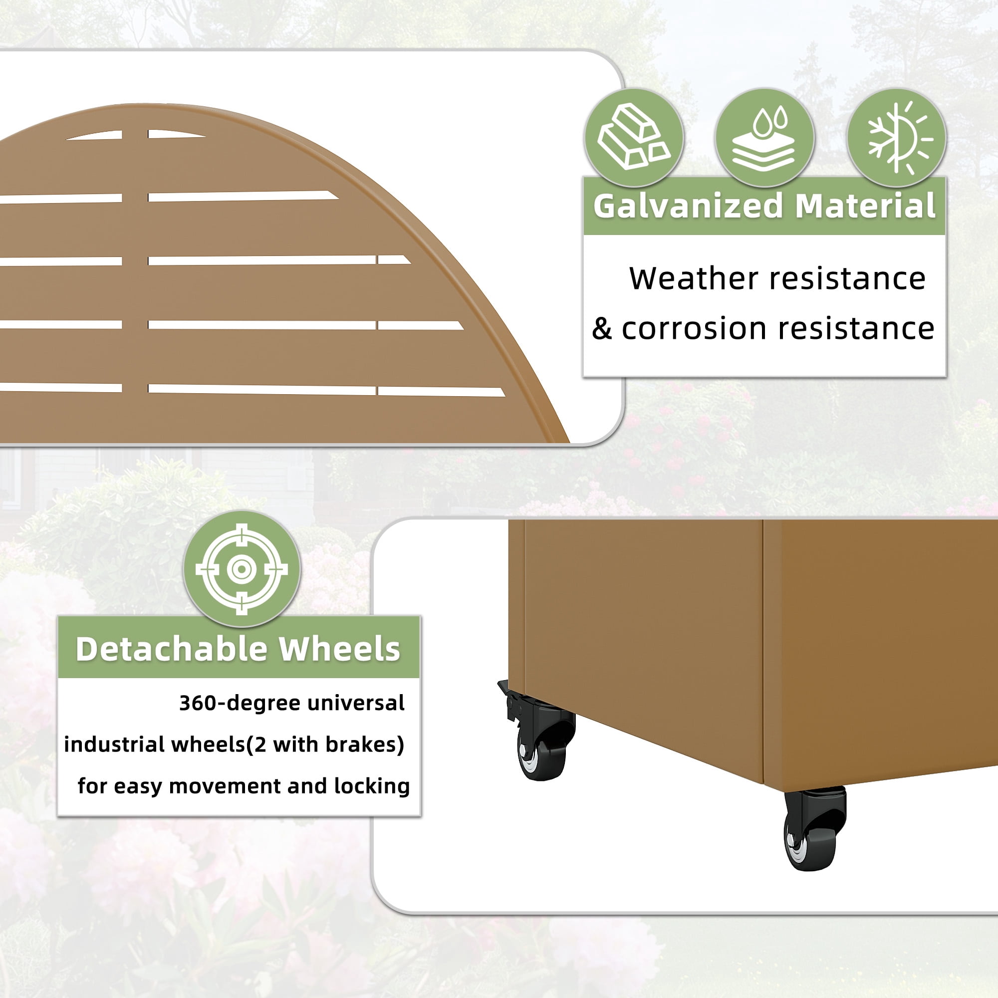 MAYEERTY 47*16*71"Outdoor Brown Metal Planter with Arch Louvered Climbing Trellis, Drainage hole & Wheels