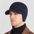 thumbnail image 2 of Gorro de invierno para hombre con visera y orejeras, tejido grueso con forro de felpa y calaveras, resistente al viento, azul marino, 2 of 6