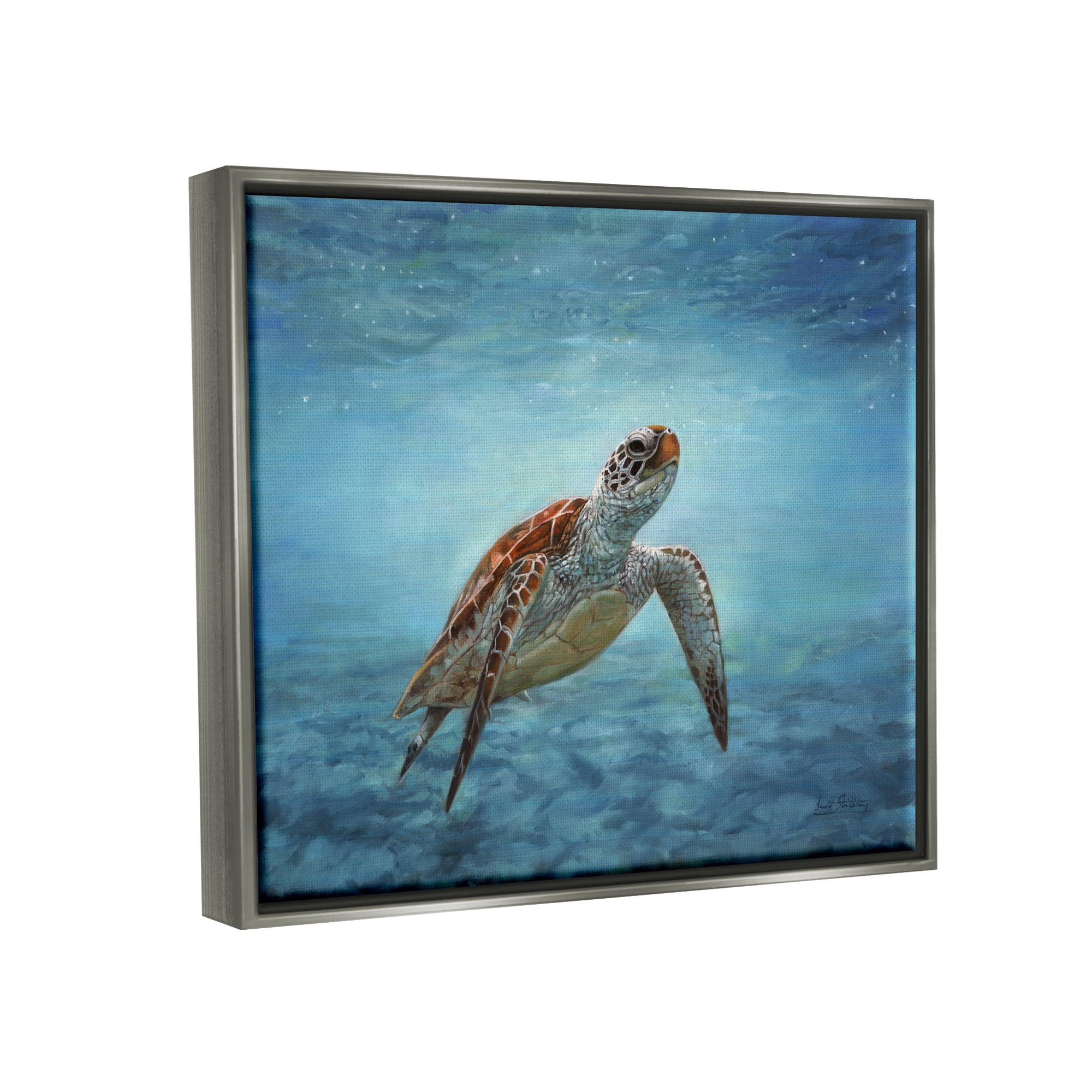 Stupell Industries Sea Turtle Underwater Marine Scene Deep Ocean Water Painting Luster Gray Floating Framed Canvas Print Wall Art, Design by David Stribbling