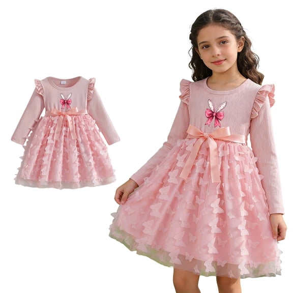 Easter Dresses for Girls Long Sleeve Bunny Print Dress Tulle Midi Dress Girls Casual Dress Little Girl Dresses Size 9-10 Years
