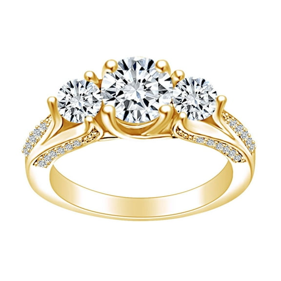 AFFY 2 1/4 Carat Round Cut White Natural Diamond Three Stone Engagement Ring In 14k Solid Yellow Gold (2.25 Cttw) Ring Size-5