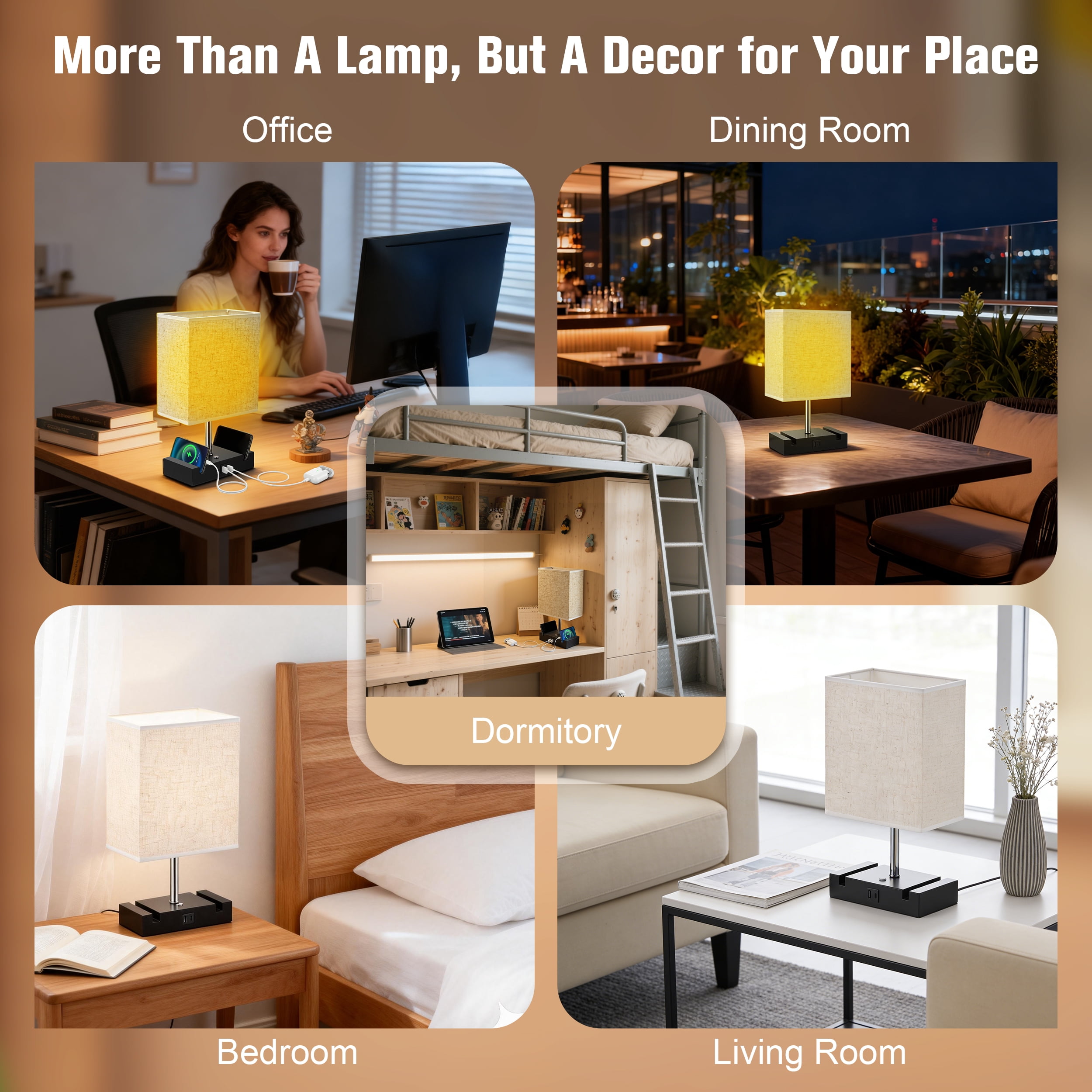 Doulami Table Lamp for Bedroom with 3 Way Dimmable Touch Control, Bedside Table Lamp with 2 USB Charging Ports and 2 Phone Stands, Nightstand Lamp with E26 Light Bulb, Desk Lamp with Fabric Shade for