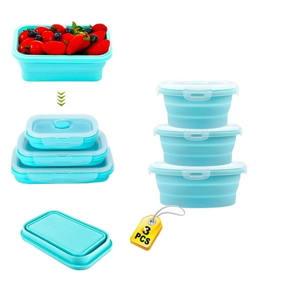 Collapsible Foldable Silicone Food Storage Container, Leftover Meal Box With Airtight Plastic Lids For Kitchen, Bento Lunch Boxes-Microwave, Dishwasher and Freezer Safe (Set of 3)