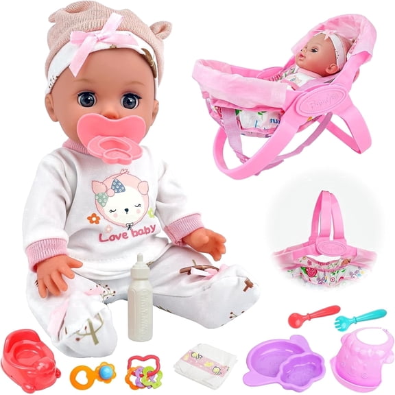 YCFUN 14 Inch Baby Doll for Girl, Soft Body Doll with 3 in 1 Carrier Bassinet Bed, Real Baby Doll Toy Set for Toddlers Kids