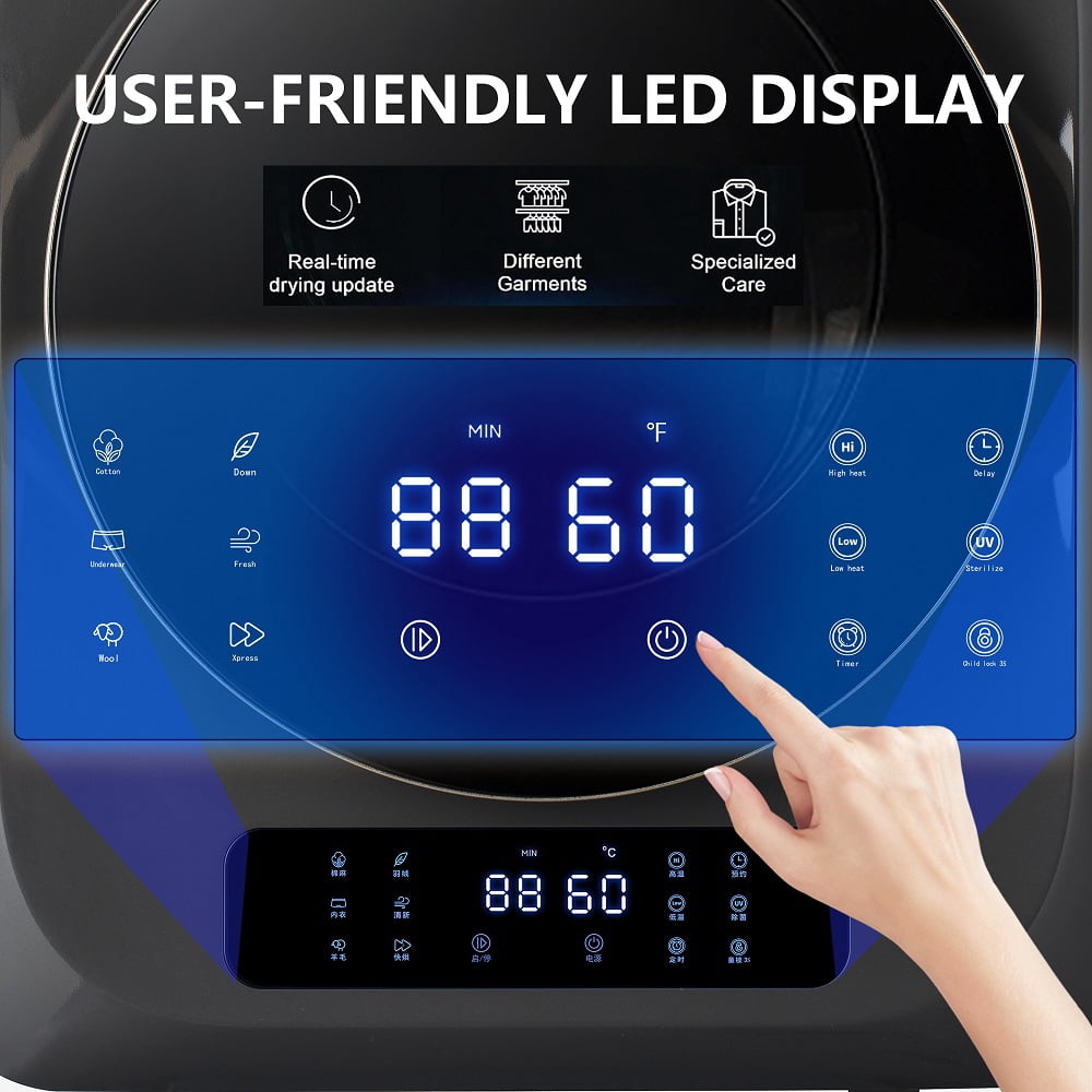 Portable Mini Cloth Dryer Machine FCC Certificate PTC Heating Tumble Dryer Electric Control Panel,Grey Body with Black Door,850W,for Home/Apartment/Dorms,UV Sterilizaiton,Digital Touch Panel