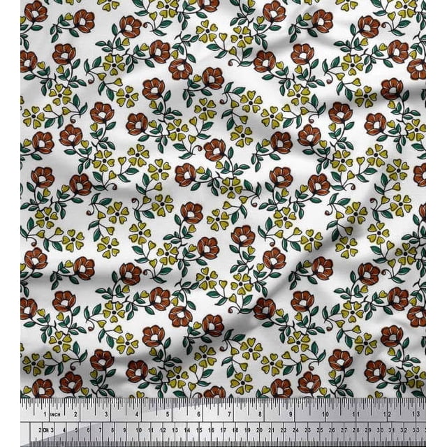 Soimoi Polyester Crepe Fabric Leaves & Floral Block Print Sewing Fabric Yard 42 Inch Wide