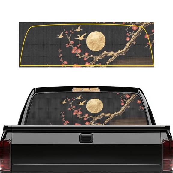 Psesaysky Plum Blossom Moon Crane Rear Window Decals 66.9" x 22.4" for Trucks, Vinyl Rear Window Graphics for Most Pickup Trucks, Personalized Decoration for Car Lovers