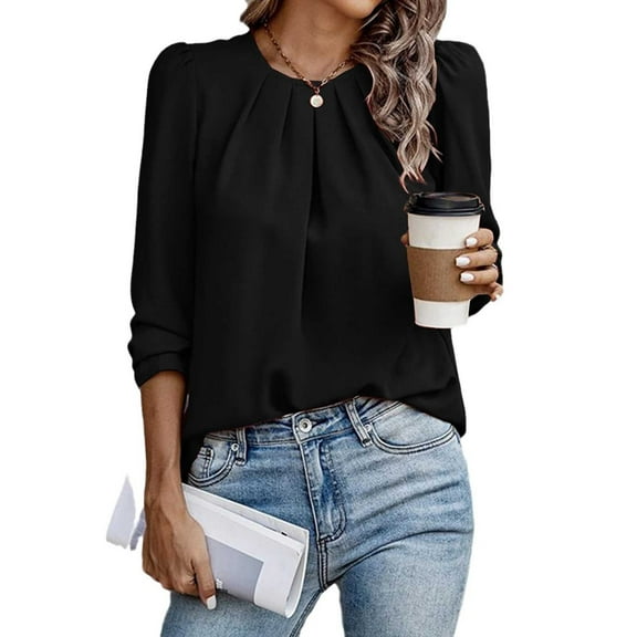 CHUMUD Women's Dressy Business Casual Tops, Crew Neck Pleated Long Sleeve Shirts, Office Work Blouses, Spring Fall Outfits