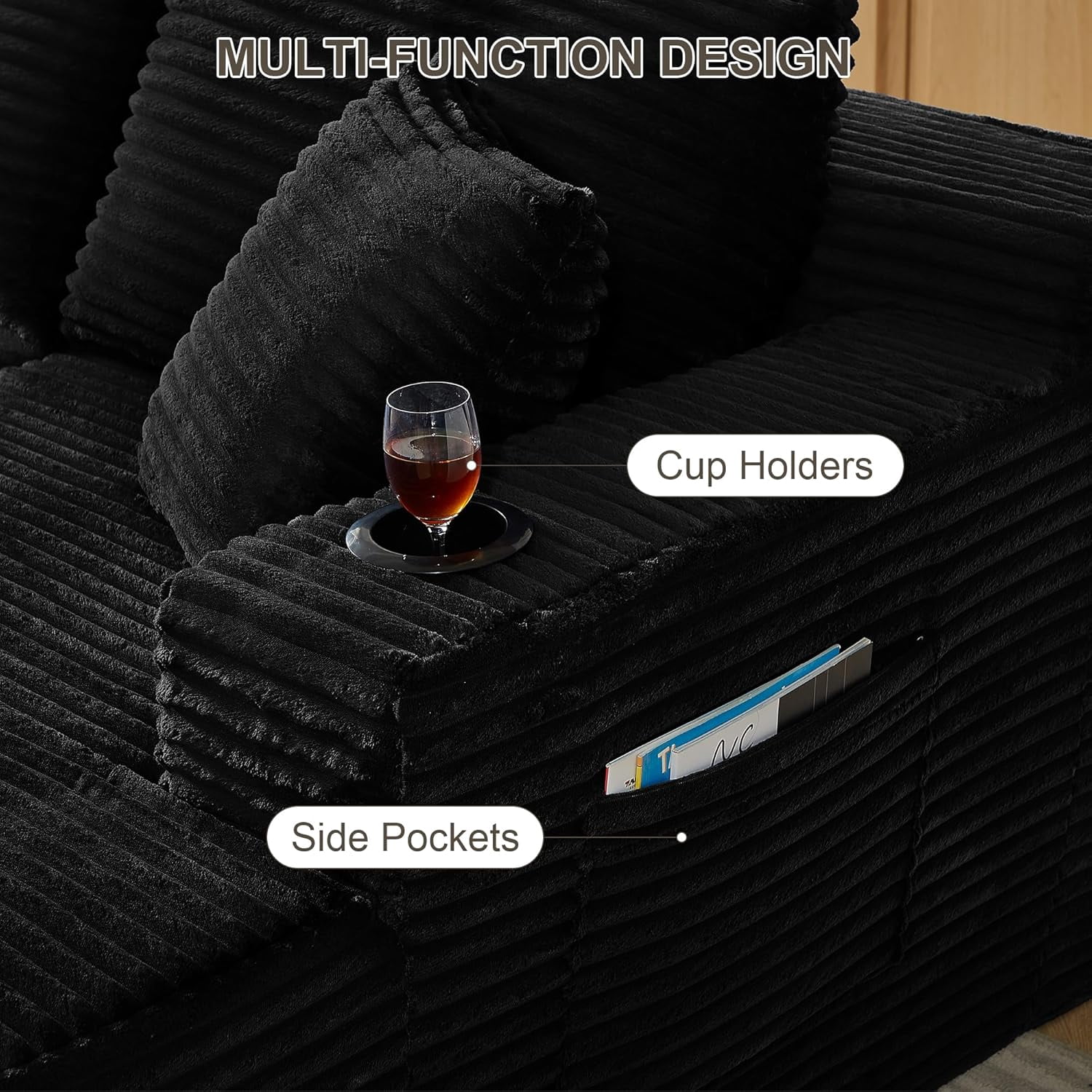 Howcool 133" U-Shaped Modular Cloud Couch Sectional Sofa, Oversized Deep Seat Corduroy Couch with Chaise, Boneless Memory Foam Sofa with Cup Holders & Side Pockets, No Assembly Required,Black