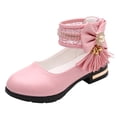 thumbnail image 1 of GiLiling Girls Mary Jane Dress Shoes, Lace Pearl Ankle Cuff, Bowknot with Pearl Rhinestone Tassel Detail, Rear Zipper Low Heel Princess Sandals for Party Wedding (Pink, 11.5-12 Years), 1 of 9