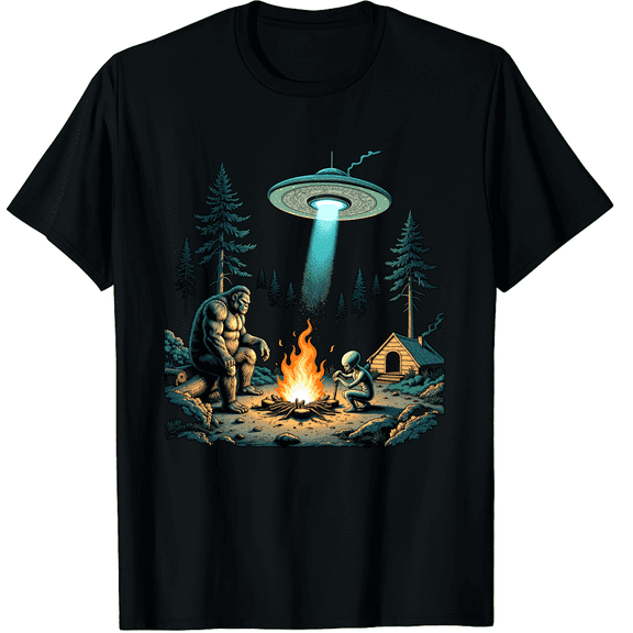 Funny Bigfoot & Alien UFO Camping Outdoor Adventures Hiking Graphic Black T-Shirt for Men and Women