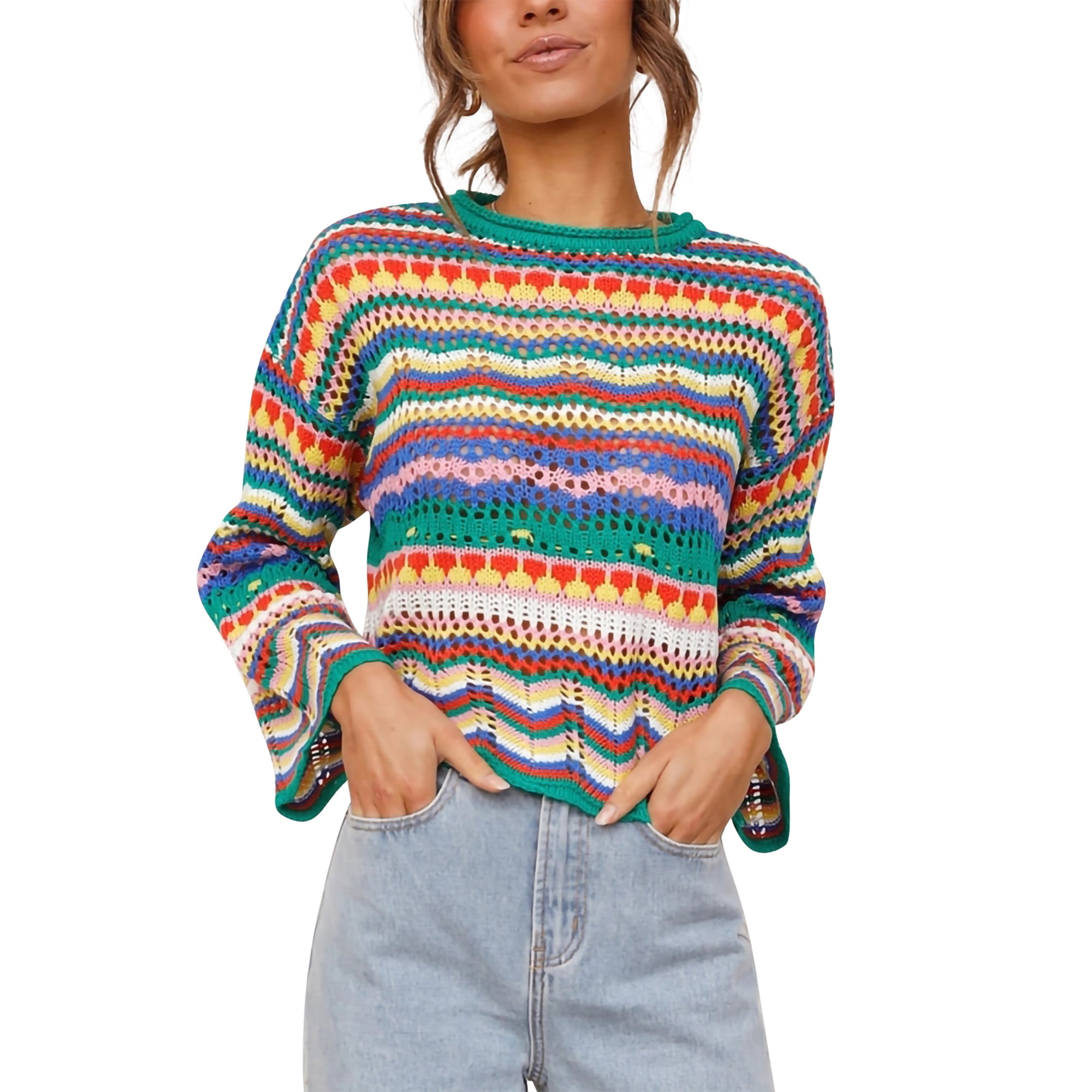 Wifornt Women s Loose Style Variegated Color Long Flared Sleeve Round Collar Knitwear