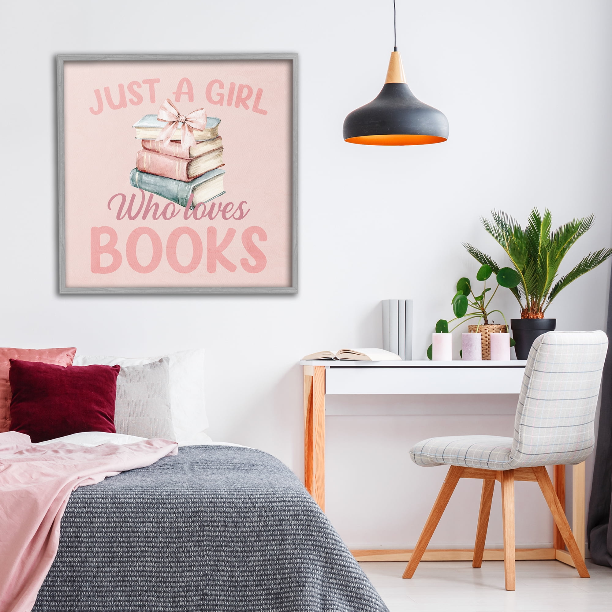 Reader Girl Who Loves Books Gray Framed Giclee Art, design by Kim Allen