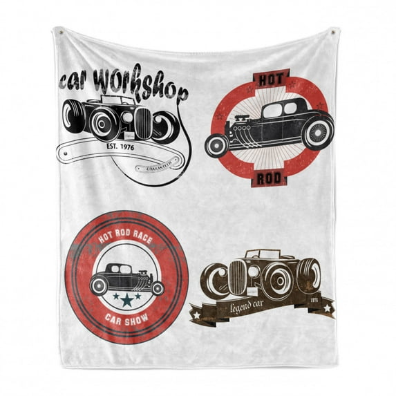 Cars Soft Flannel Fleece Blanket, Retro Pop Art Automotive Emblem Print Grunge Distressed Old Featured Color Properties, Cozy Plush for Indoor and Outdoor Use, 50" x 60", Multicolor, by Ambesonne