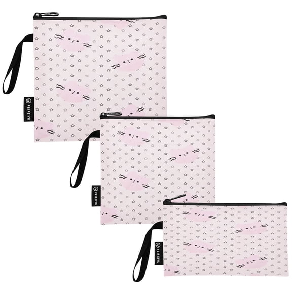 Set of 3 Reusable Storage Bags with Zipper , Food Storage & Bread Organizer for Picnic Office, Pink-cat Star Pattern