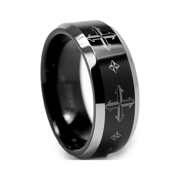 Metal Masters Mens 8mm Two-Tone Tungsten Ring Band Laser Etched Cross Design