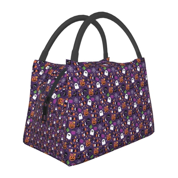 Vsdgher Halloween Sweet Candy Print Insulated Reusable Bags with Sturdy Zipper and Handles, Foldable Totes for Hot or Cold Food Bring or Delivery