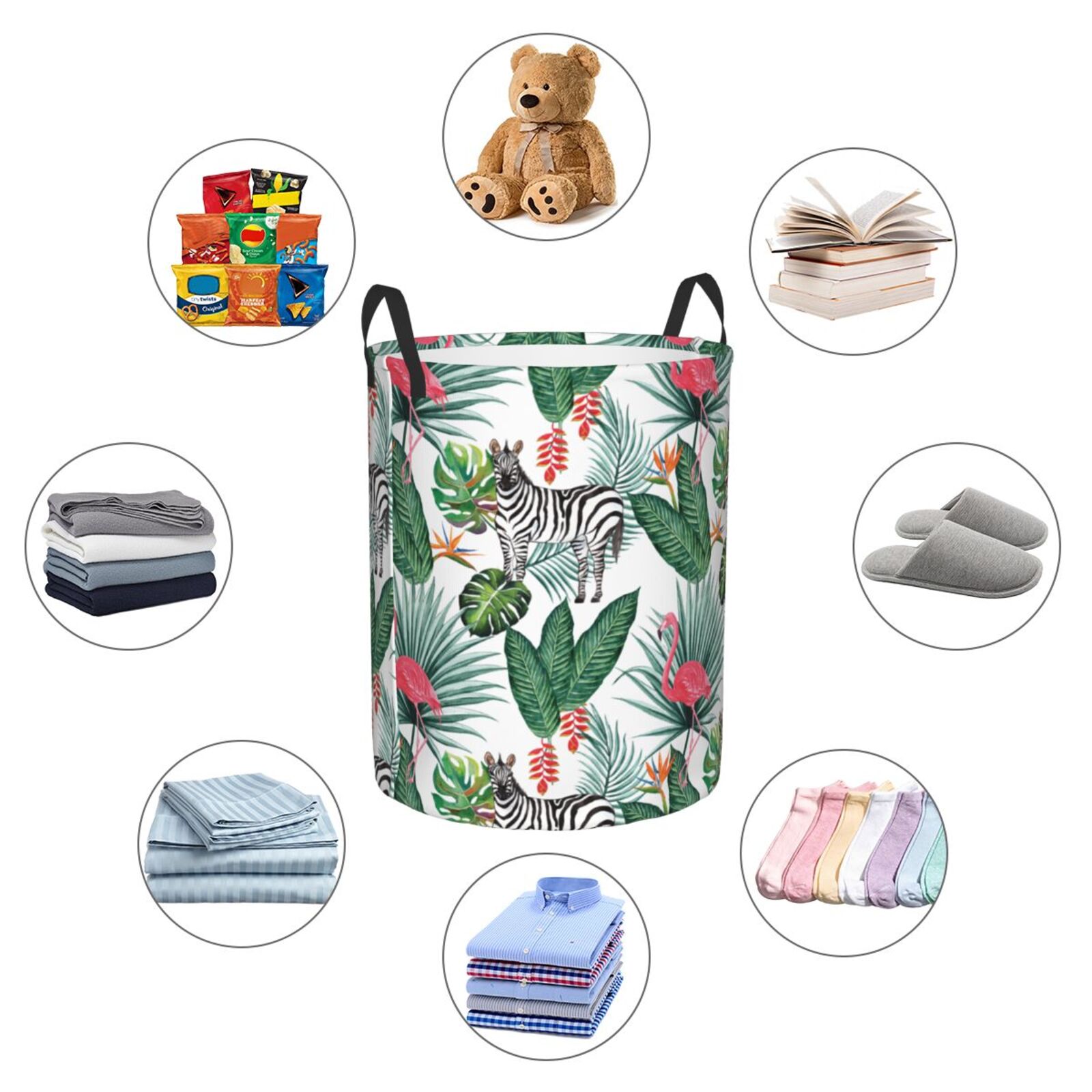 Large Laundry Basket with Handles - zebra Flamingo Tropical Palm leaves Kids Baby Dirty Clothes Laundry Hamper for Bedroom Aesthetic