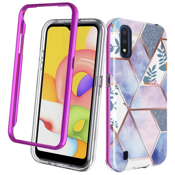 Samsung Galaxy A10E Case, Rosebono Hybrid Dual-Layered IMD Design Graphic Purple Marble and Flower Anti-Scratch Drop Protection Skin Cover Shockproof Case for Samsung Galaxy A10E