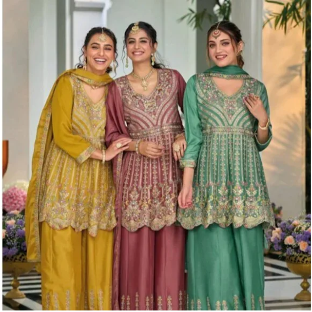 Pakistani Designer Rose Pink Embroidered Palazzo Style Suit – Chinon Silk 3-Piece Outfit for Weddings & Parties | Size XXL (44)