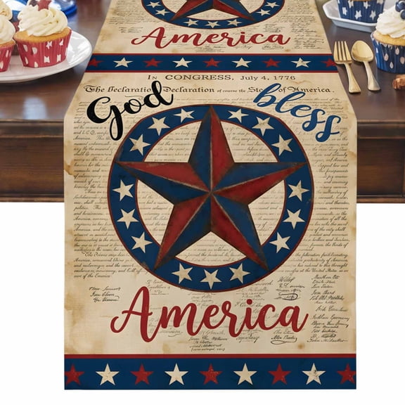 4th of July Table Runner God Bless America Table Runners Patriotic Stars Vintage Cotton Linen Dresser Scarf Kitchen Dining Table Decor for Independence Day Memorial Day Party Decor 13x36 Inch