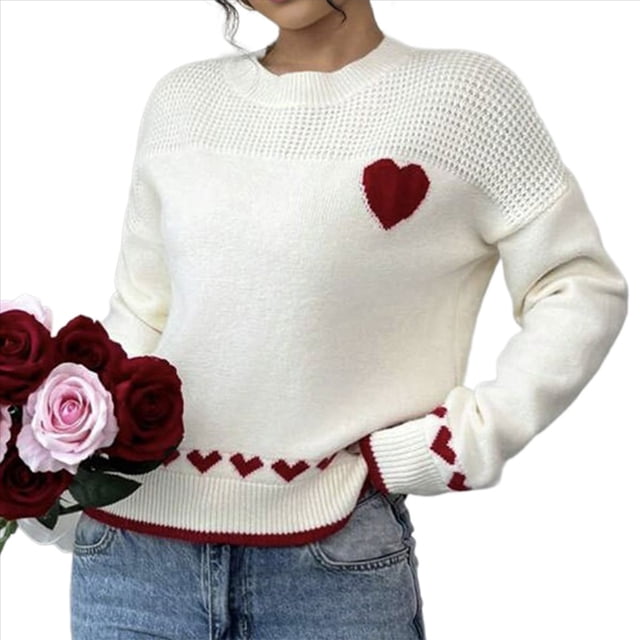 Suéter de Cuello Redondo con Estampado de Corazón para Mujer, Informal, de Larga, Holgado, de Punto, para Otoño. S