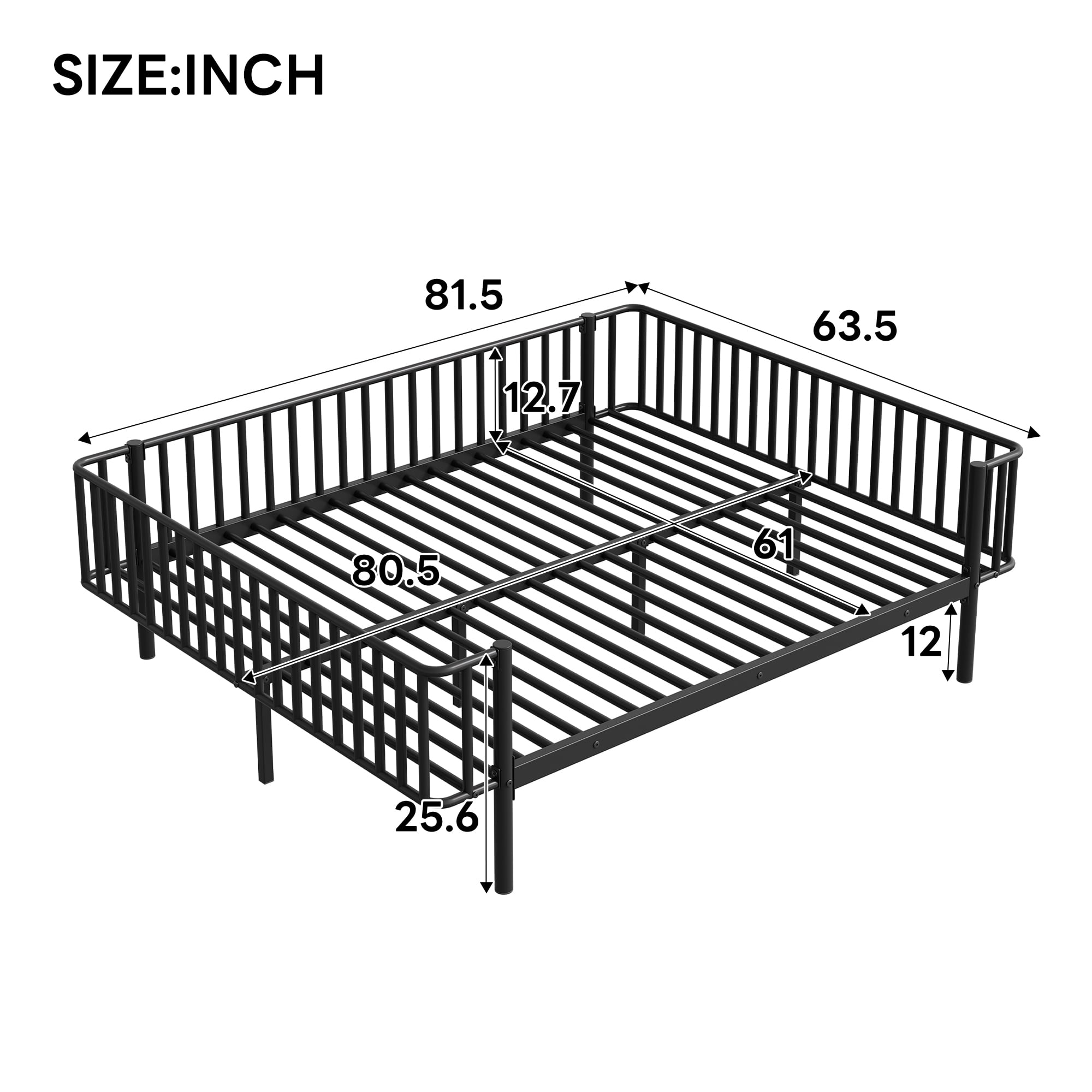 Euroco Metal Queen Size Daybed, Sturdy Metal Sofa Bed with Guardrails, No Box Spring Needed, Black