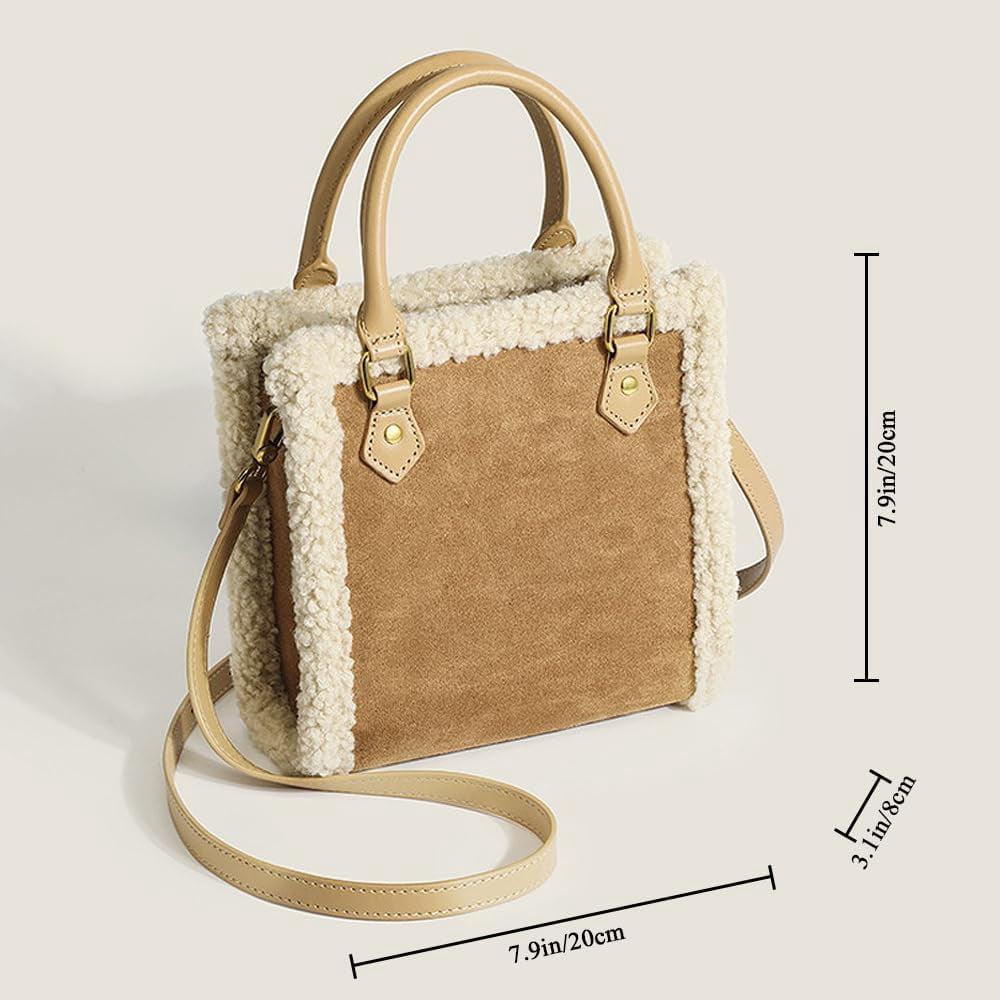 JennyShop Trendy PU Tote Handbag Premium Bag, Square Purse Fashionable Shoulder Bag with Faux Lambswool Decoration for Women