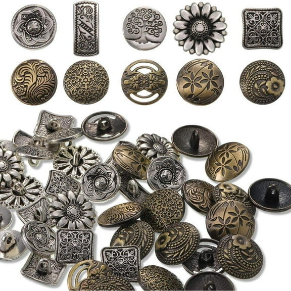 Set of 80pcs Mixed Retro Style Metal Buttons for Crafts, Sewing Decorations, Coat Accessories - Assorted Flower, Round, Square Designs